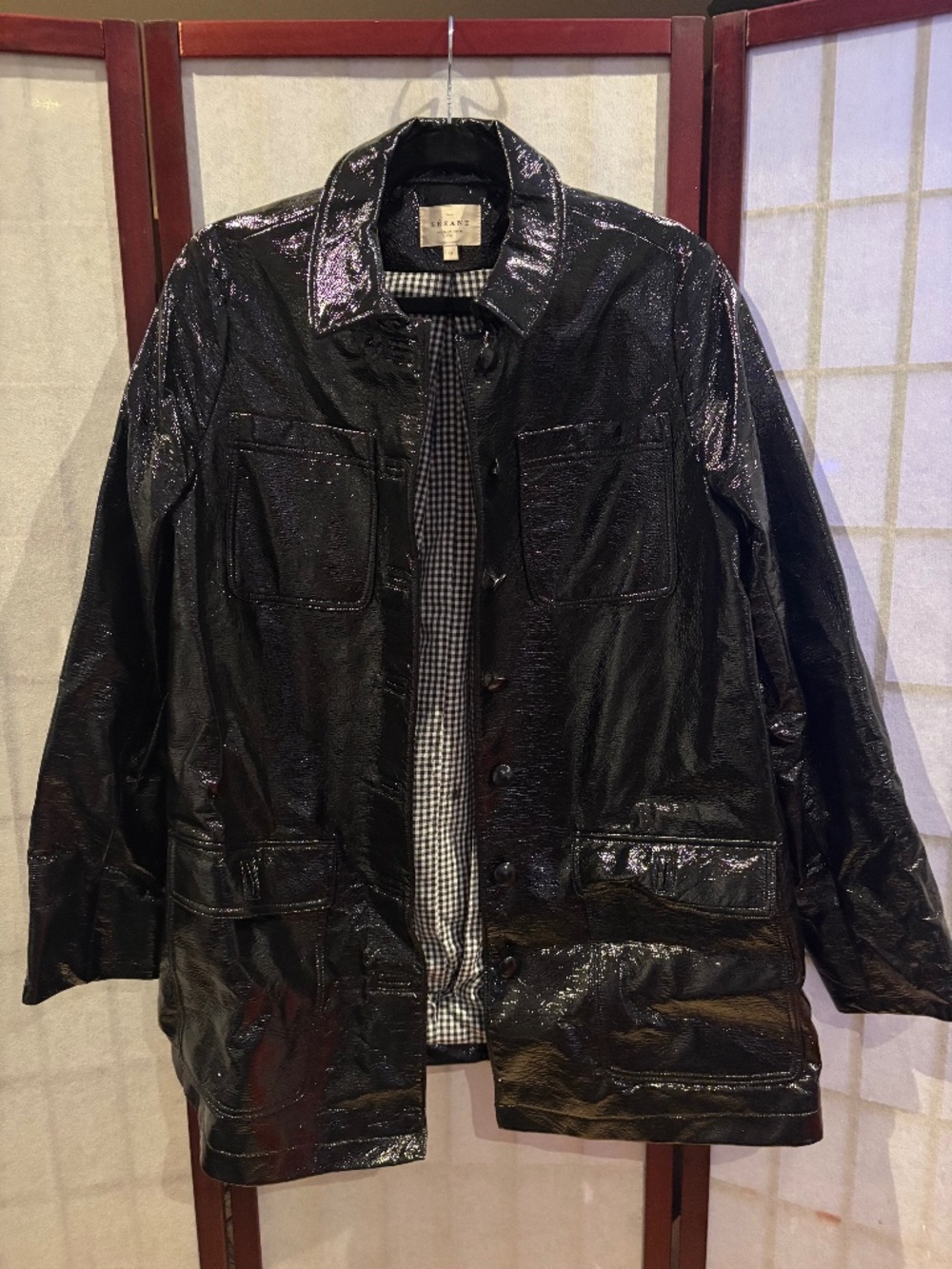 Sézane Black Coated Jacket | Glossy Leather Look | Gingham Lined | Size 36 (S)